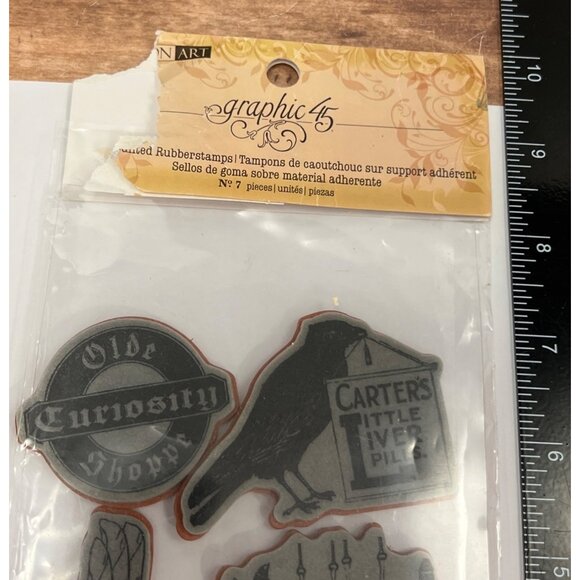 Graphic 45 Curiosity Shoppe Rubber Stamps Set OF 6 RARE ODDITIES FLYING PIG EYE - Picture 3 of 5